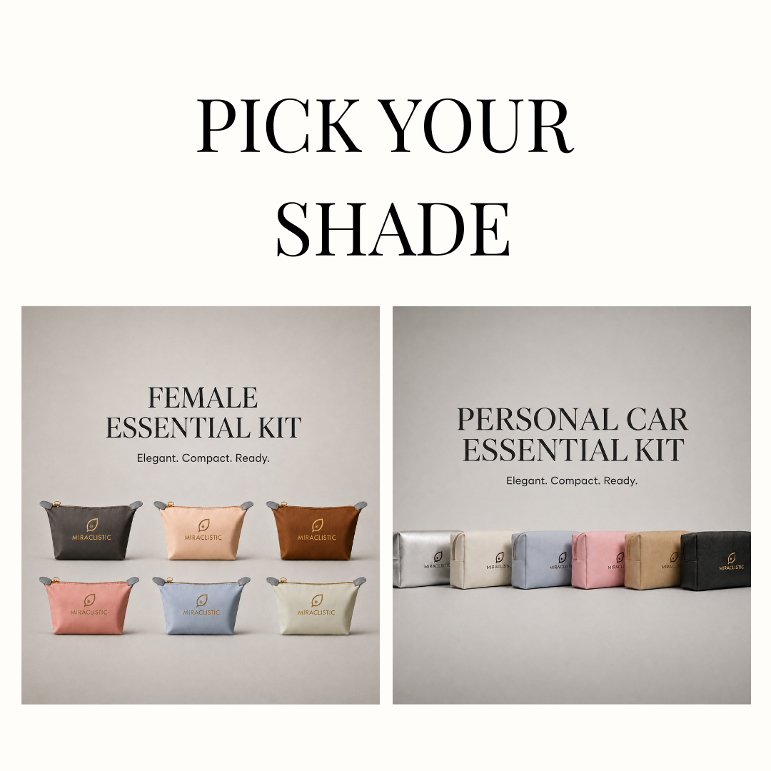 MIRACLISTIC bundle showing available colour options for the Female Essential Kit and Personal Car Essential Kit.