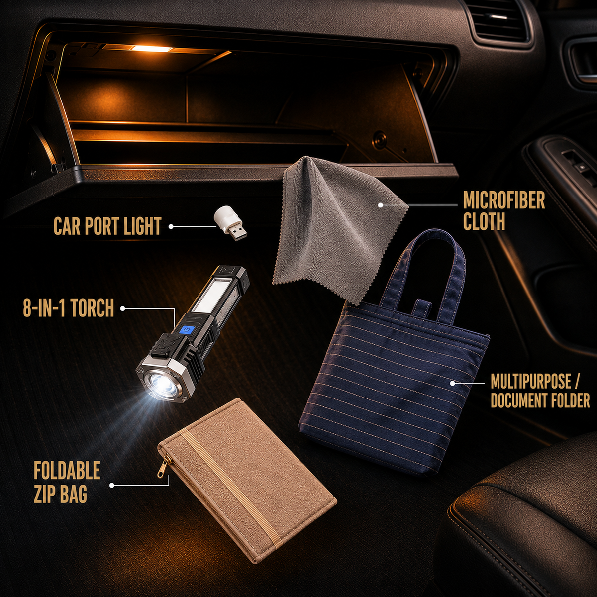 MIRACLISTIC car essential kit with car port light, 8-in-1 emergency torch, microfiber cloth, multipurpose document folder and foldable zip bag