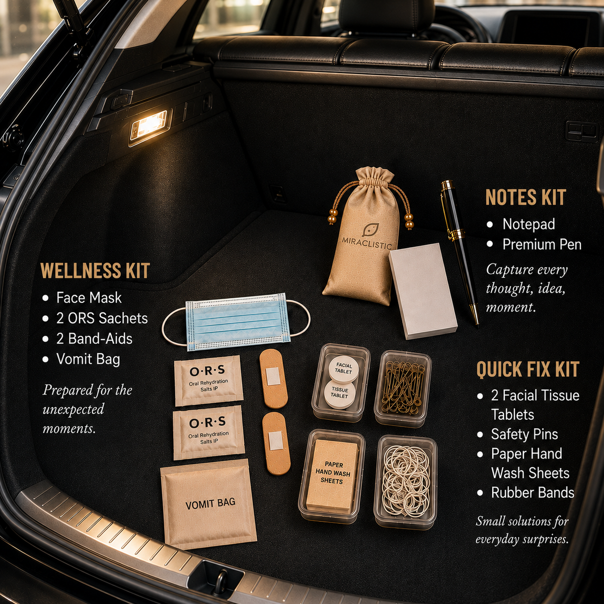 MIRACLISTIC car essential kit featuring wellness kit, face mask, ORS sachets, Band-Aids, vomit bag, notepad, premium pen, facial tissue tablets, safety pins, paper hand wash sheets and rubber bands