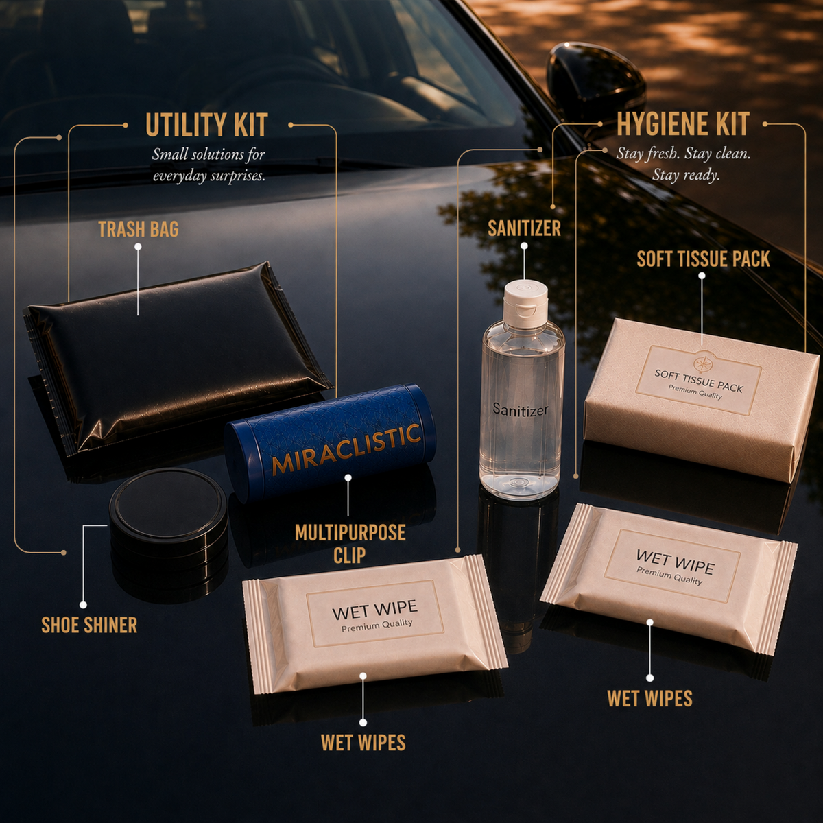 MIRACLISTIC car utility and hygiene kit featuring trash bag, shoe shiner, multipurpose clip, sanitizer, soft tissue pack and wet wipes