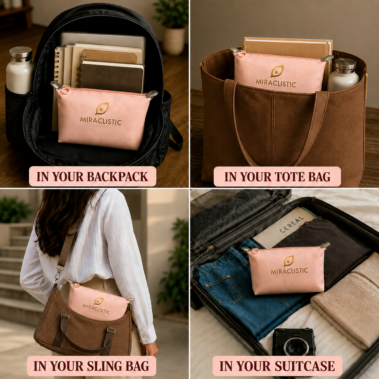MIRACLISTIC pink female essential kit pouch shown packed in a backpack, tote bag, sling bag and suitcase