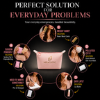 MIRACLISTIC pink female essential kit with everyday problem solutions including a neem wood comb, face wash, lip balm, sanitary pad, and pen and notepad