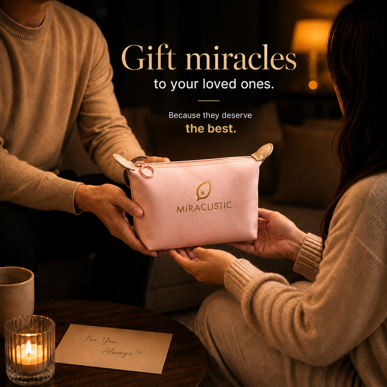 MIRACLISTIC pink female essential kit being gifted to a loved one as a thoughtful everyday essentials gift