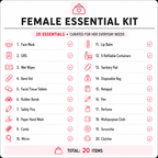MIRACLISITC Female Essential Kit with 20 everyday essentials including face mask ORS wet wipes facial tissue tablets lip balm sanitary pad comb mirror perfume and more.