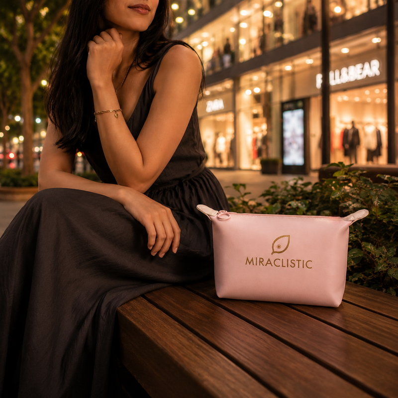 Woman in a black dress sitting on a wooden bench beside a pink MIRACLISTIC female essential kit pouch