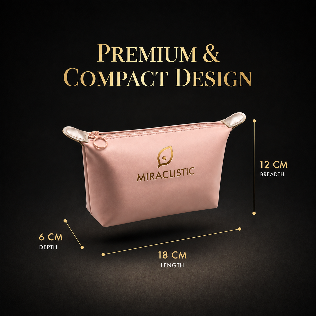 MIRACLISTIC pink female essential kit pouch showing its premium compact design with 18 cm length, 12 cm breadth and 6 cm depth