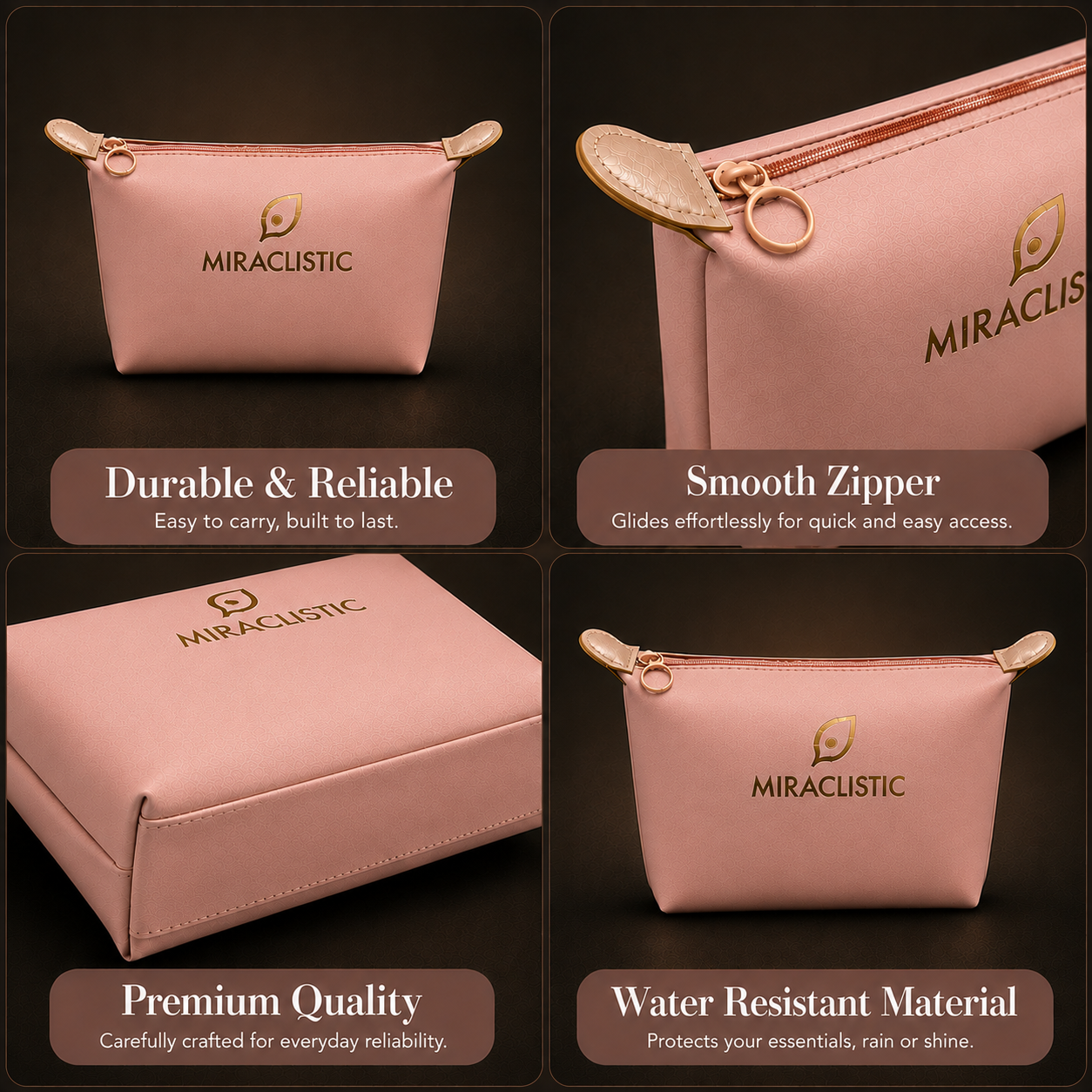 MIRACLISTIC pink female essential kit pouch featuring durable construction, smooth zipper, premium quality and water resistant material