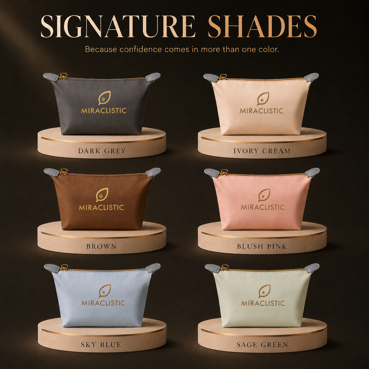 MIRACLISTIC female essential kit pouch available in six signature shades: dark grey, ivory cream, brown, blush pink, sky blue and sage green