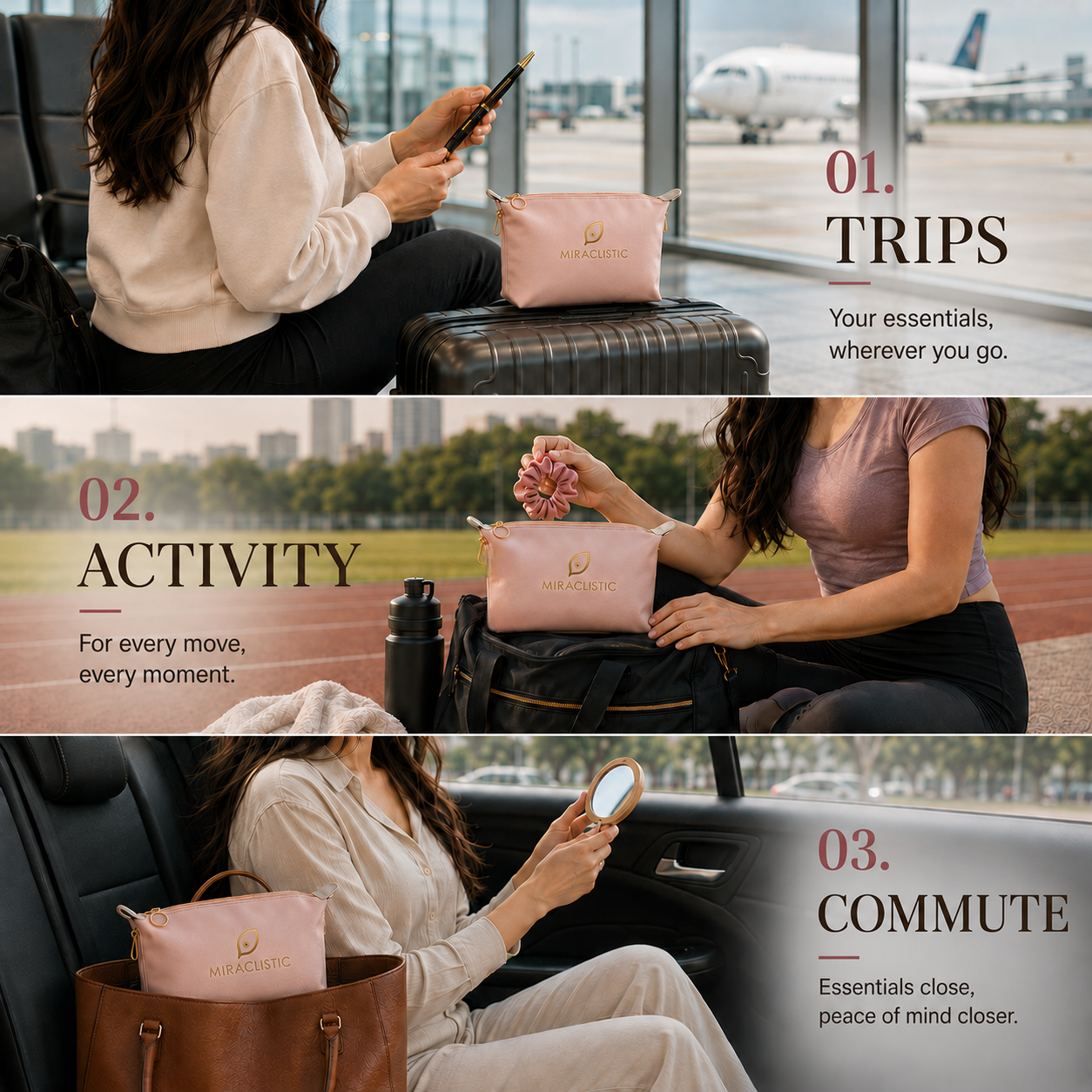 MIRACLISTIC pink female essential kit shown in three lifestyle scenes for travel, activity and daily commuting