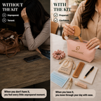 MIRACLISTIC female essential kit comparison showing the difference between feeling unprepared without the kit and prepared and confident with the kit