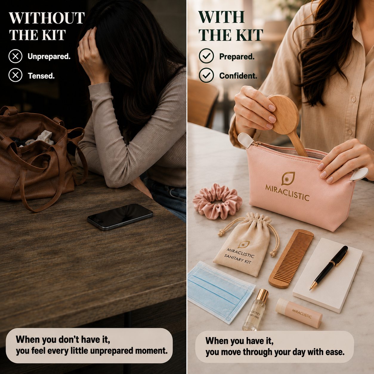 MIRACLISTIC female essential kit comparison showing the difference between feeling unprepared without the kit and prepared and confident with the kit