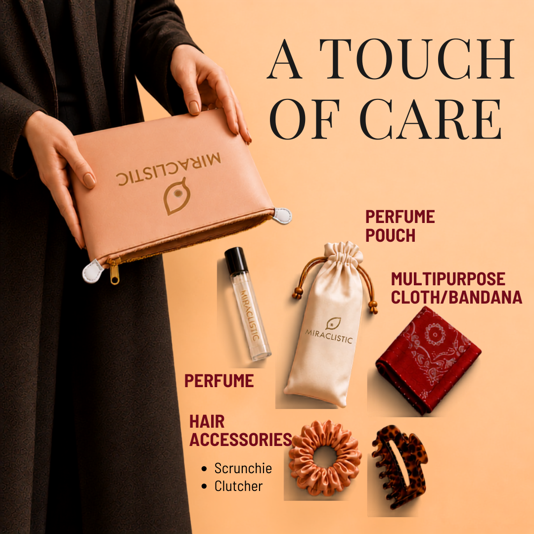 MIRACLISTIC Female Essential Kit in blush pink featuring perfume, perfume pouch, multipurpose cloth bandana, scrunchie and hair clutcher for everyday personal care.