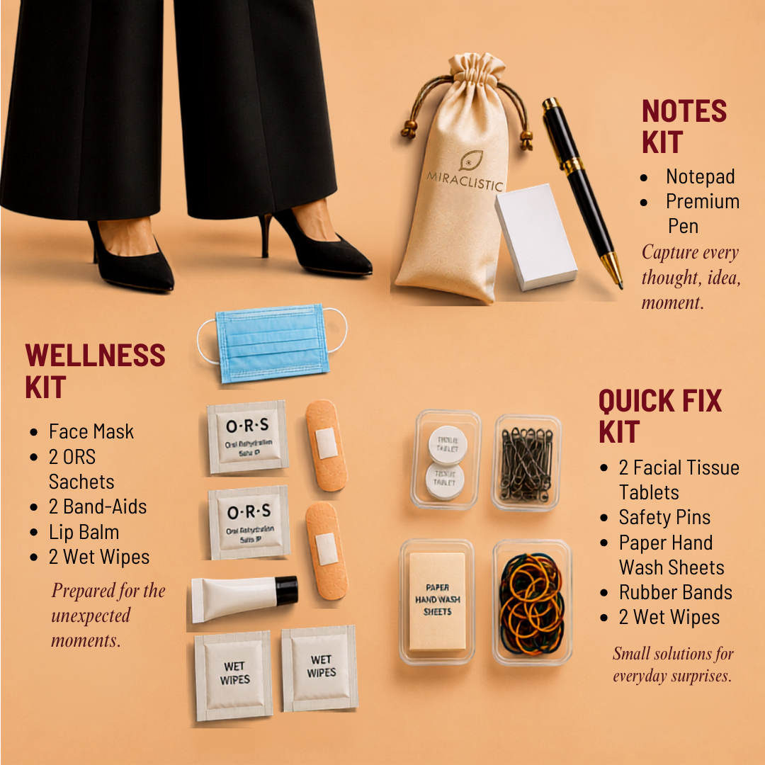 MIRACLISTIC Female Essential Kit featuring wellness essentials including face mask, ORS sachets, Band-Aids, lip balm and wet wipes, plus a notes kit with notepad and pen and quick-fix essentials such as tissue tablets, safety pins and hand wash sheets.