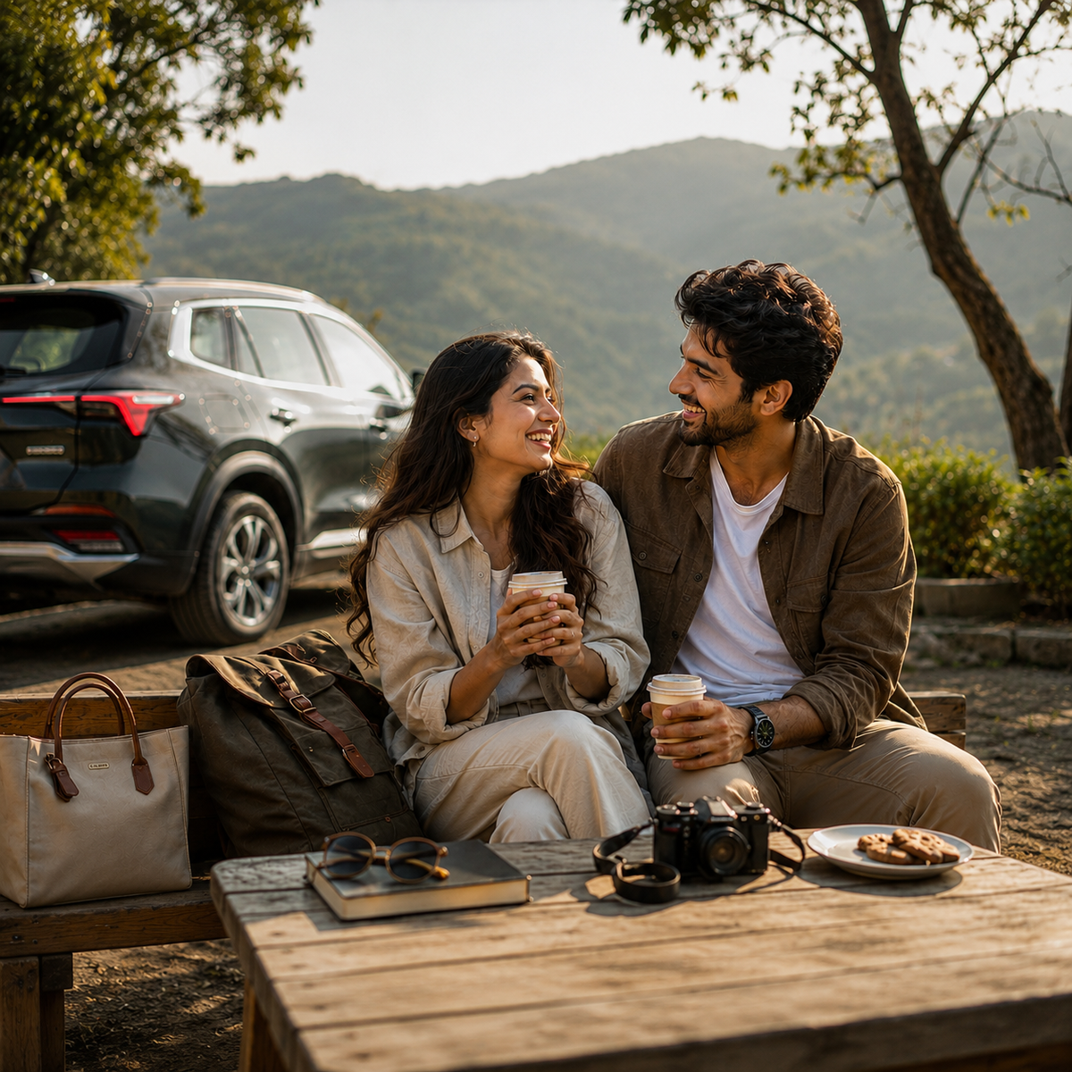 MIRACLISTIC Female Essential Kit and Personal Car Essential Kit bundle for couples shown during a road trip.