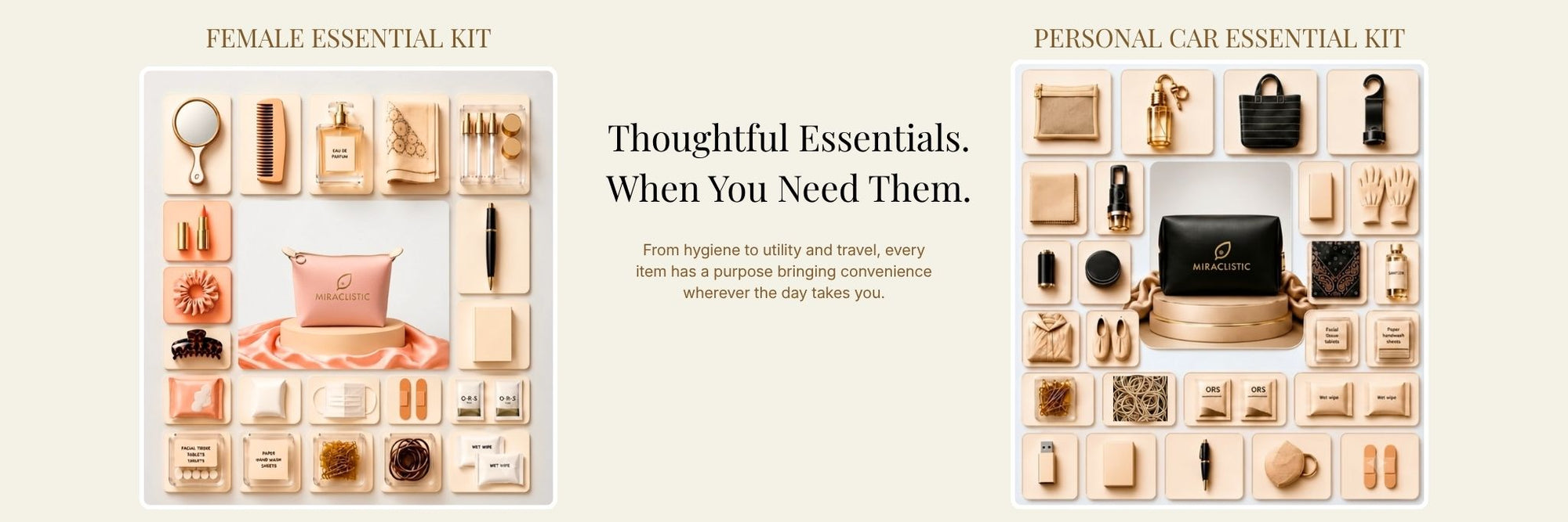 MIRACLISTIC Female Essential Kit and Personal Car Essential Kit with curated everyday essentials