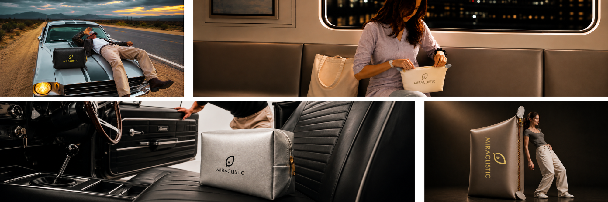 MIRACLISTIC female essential kit and personal car essential kit shown in different everyday, travel and car scenarios