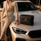 MIRACLISTIC black personal car essential kit pouch displayed on a luxury car