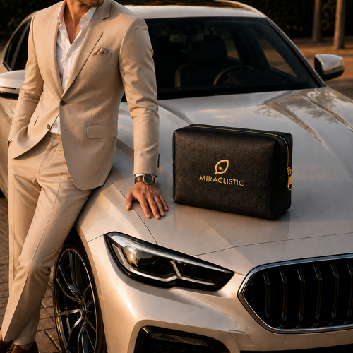 MIRACLISTIC black personal car essential kit pouch displayed on a luxury car