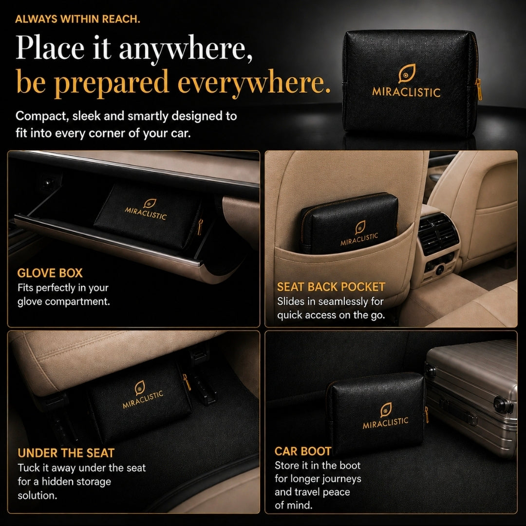 Miraclistic Personal Car Essential Kit stored in the glove box seat back pocket under the seat and car boot for convenient access