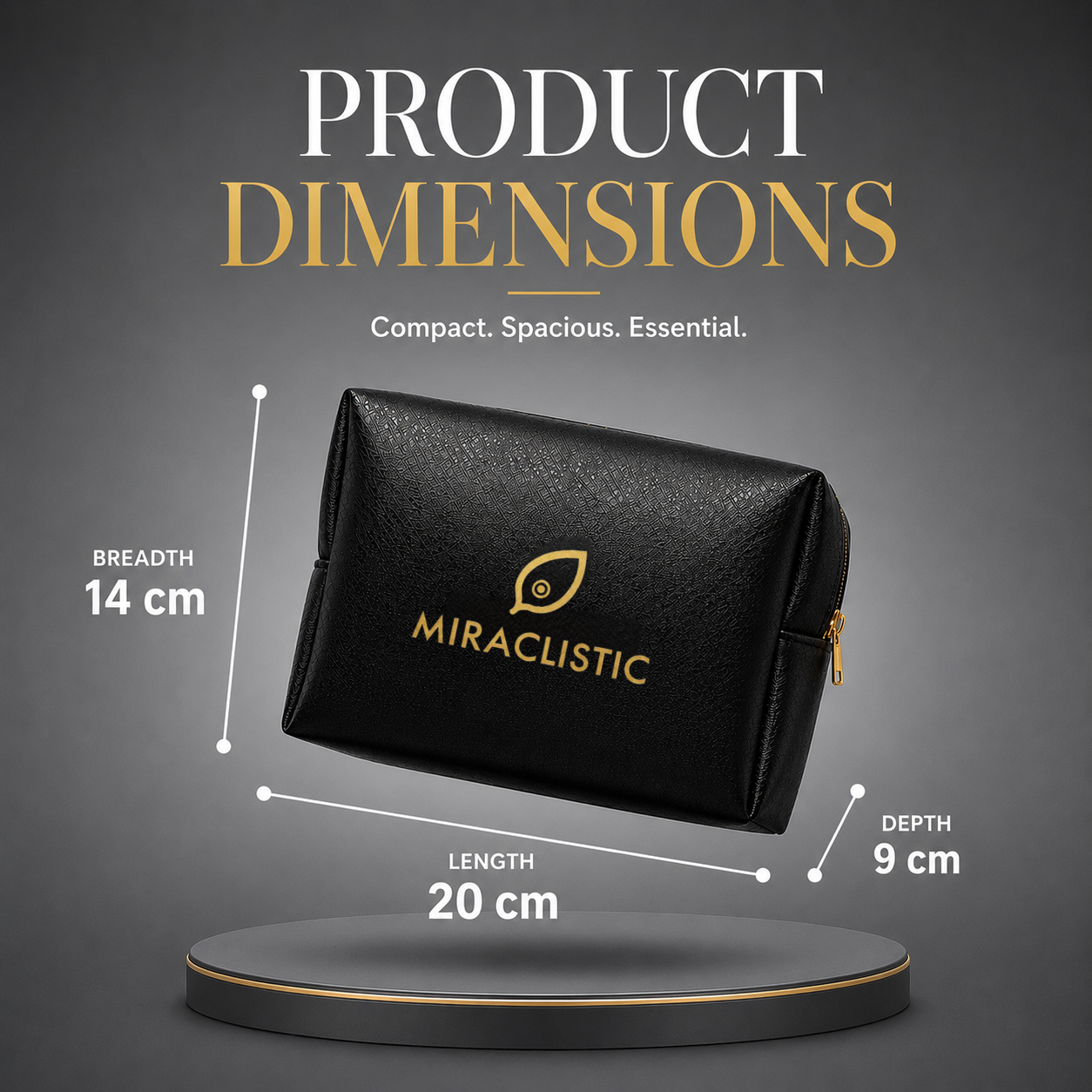 Miraclistic Personal Car Essential Kit showing product dimensions of 20 cm length 14 cm breadth and 9 cm depth