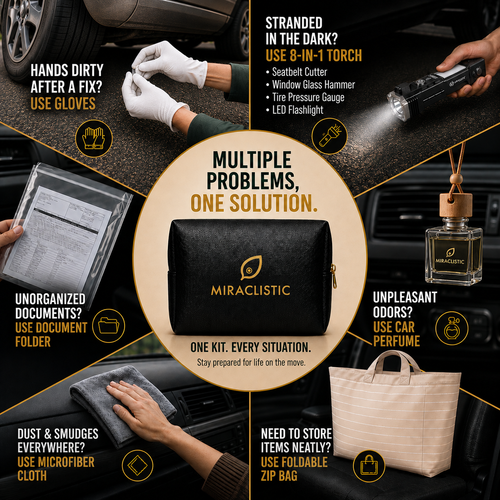 MIRACLISTIC personal car essential kit with torch gloves document folder car perfume microfiber cloth and foldable zip bag