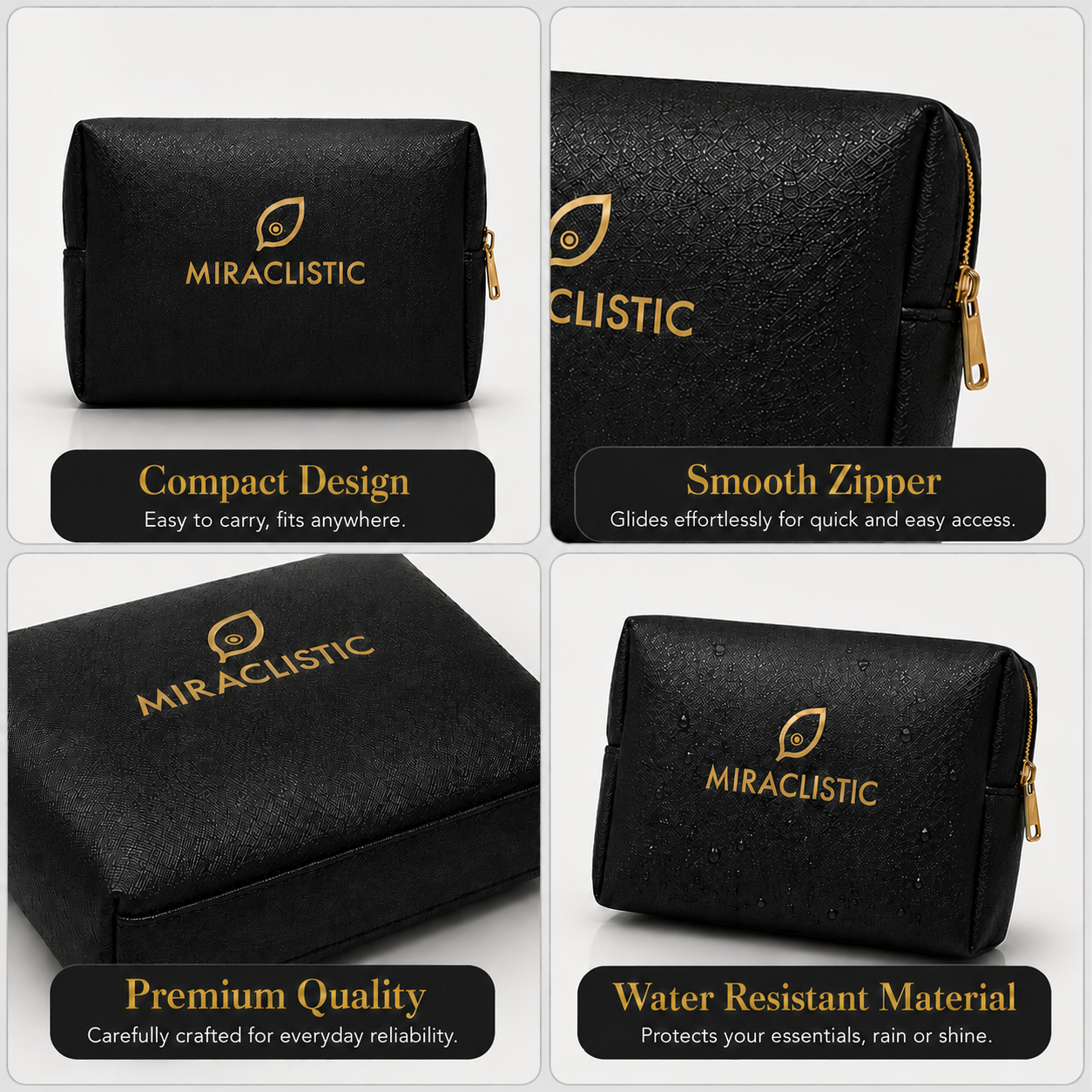 Miraclistic Personal Car Essential Kit showing compact design smooth zipper premium quality and water resistant material.