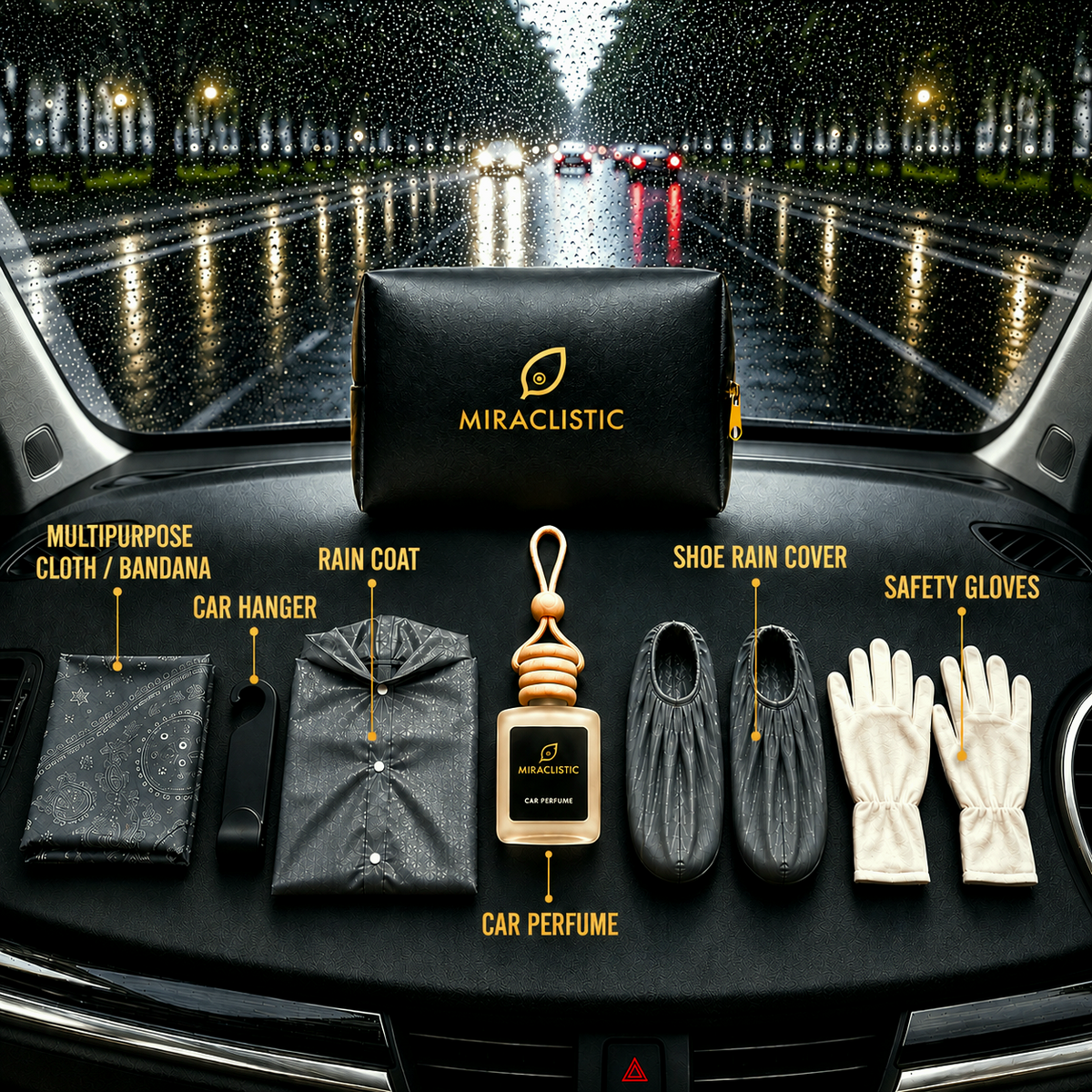 MIRACLISTIC Personal Car Essential Kit with multipurpose cloth, car hanger, rain coat, shoe rain covers, safety gloves and car perfume