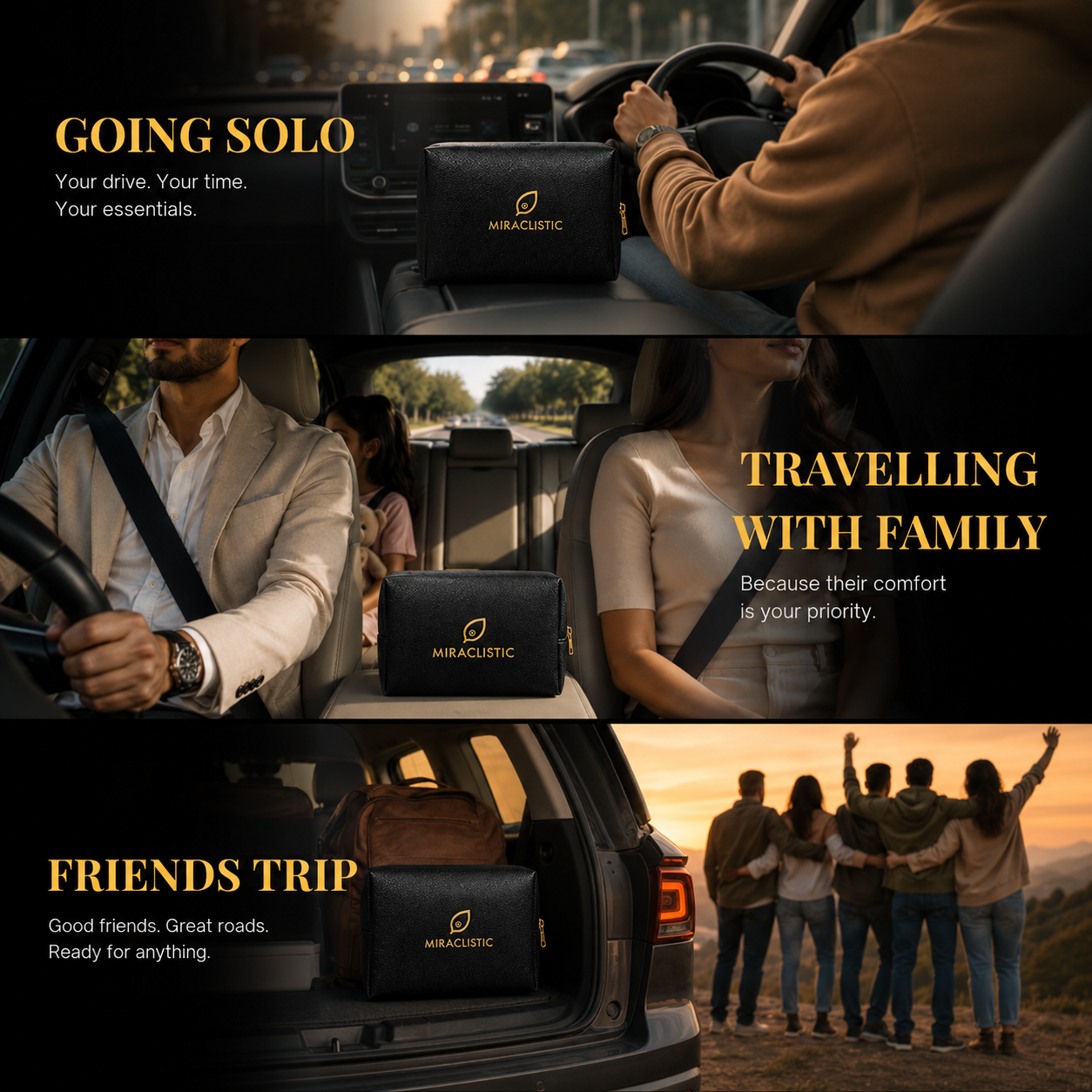 MIRACLISTIC personal car essential kit shown for solo driving family travel and friends trips